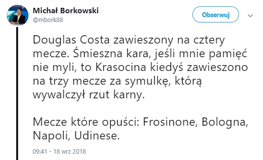 OFICJALNIE! Taką karę dostał Douglas Costa!